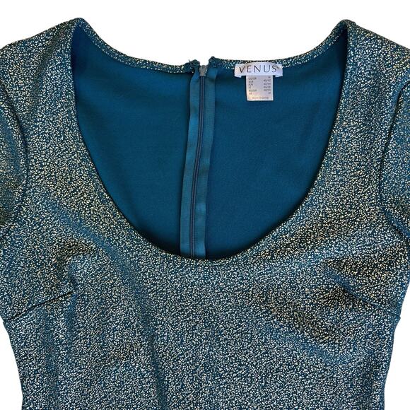 Venus Party Dress Medium Teal & Metallic Gold Asymmetrical Flare Sleeve Holiday - Picture 3 of 16